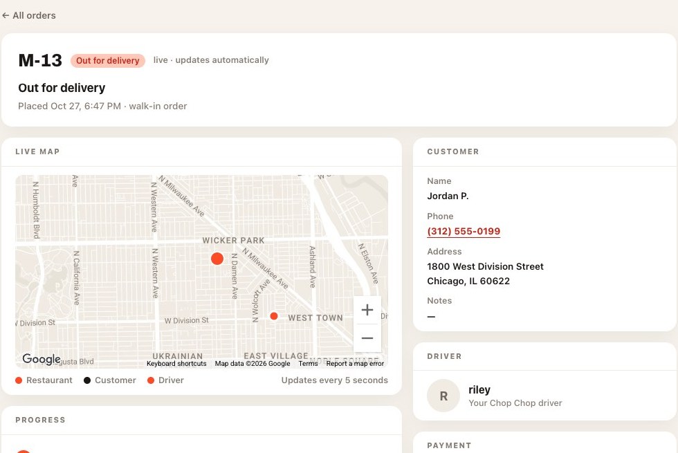 An order page in the restaurant portal with a live map, the customer and the assigned driver